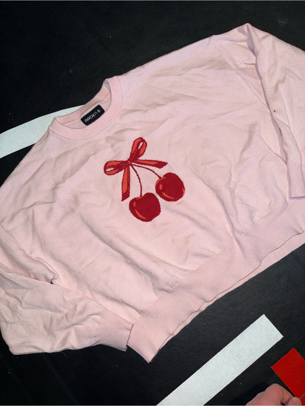 Arden B Pink Crewneck Sweater with Red Cherry Graphic